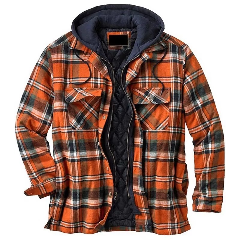 Checked cotton hooded jacket for men - c-orange
