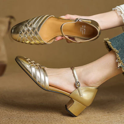 Women's block heel orthopedic shoes for everyday wear - gold