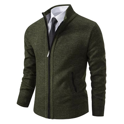 Fleece-lined zip cardigan for men with stand collar - green