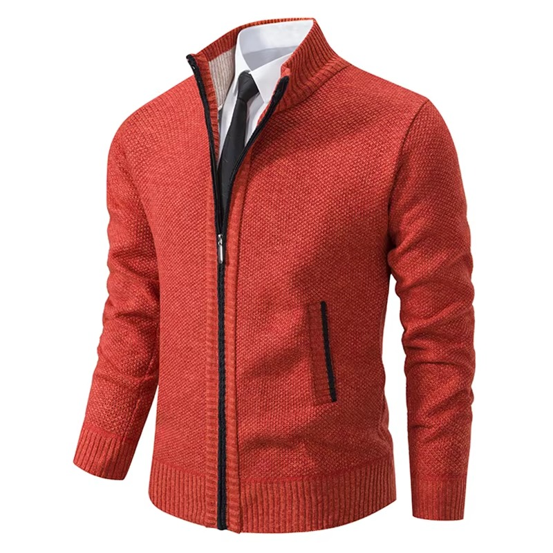 Fleece-lined zip cardigan for men with stand collar - orange