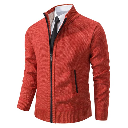 Fleece-lined zip cardigan for men with stand collar - orange