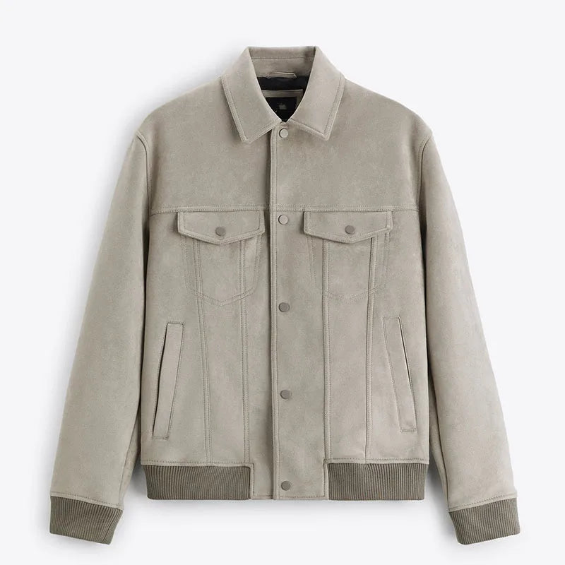 Men's suede trucker jacket with snap front