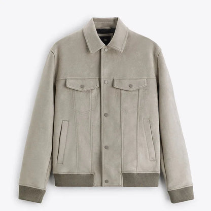 Men's suede trucker jacket with snap front
