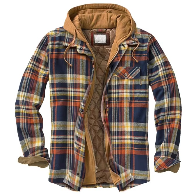 Checked cotton hooded jacket for men