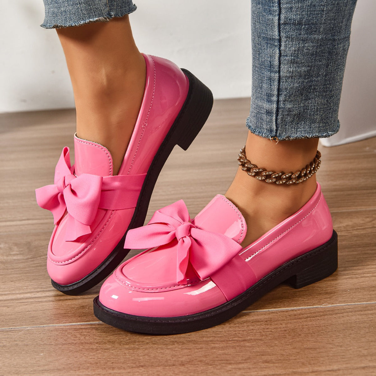 Women's pink bow loafers with platform sole
