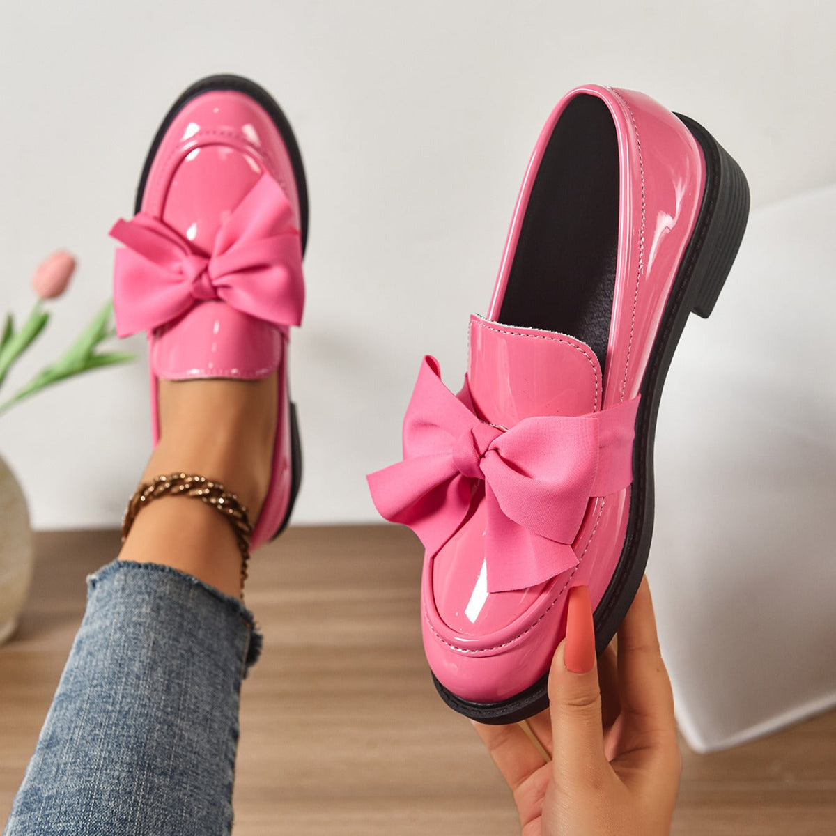 Women's pink bow loafers with platform sole