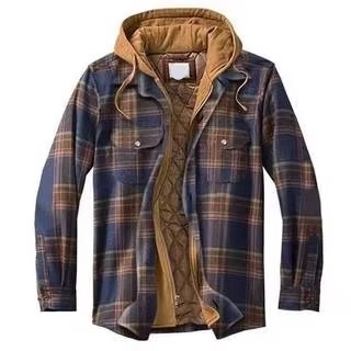 Checked cotton hooded jacket for men