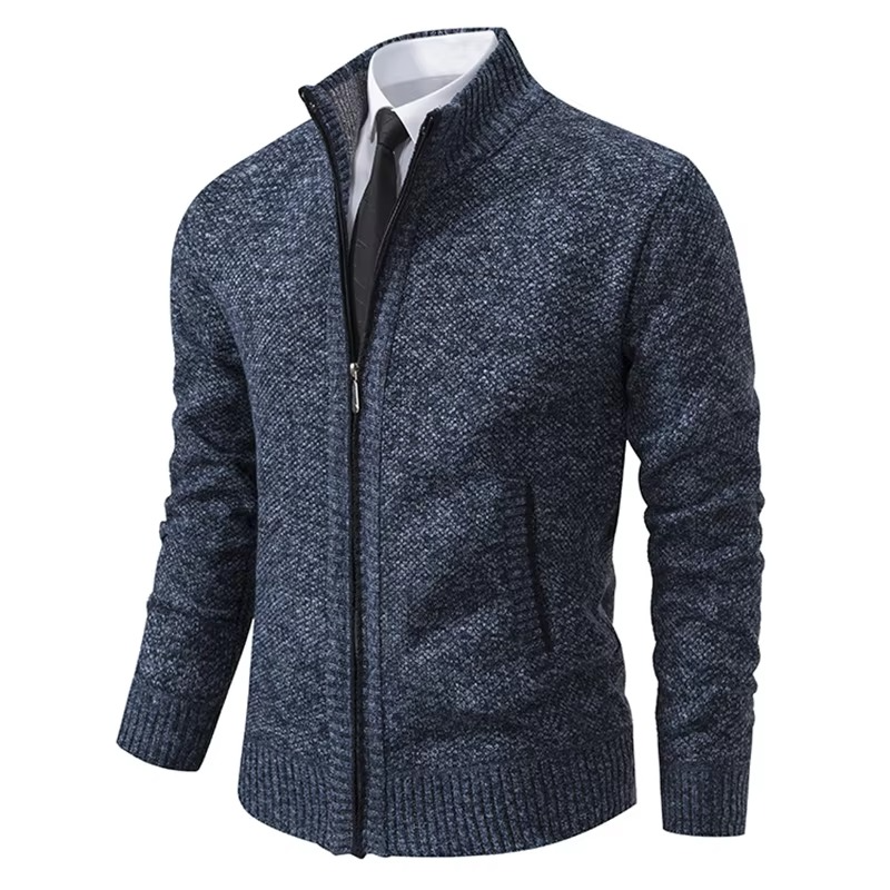Fleece-lined zip cardigan for men with stand collar - blue grey