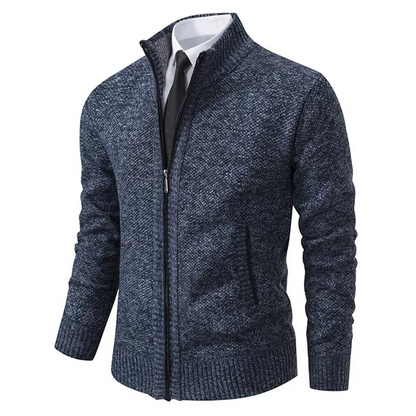 Fleece-lined zip cardigan for men with stand collar - blue grey