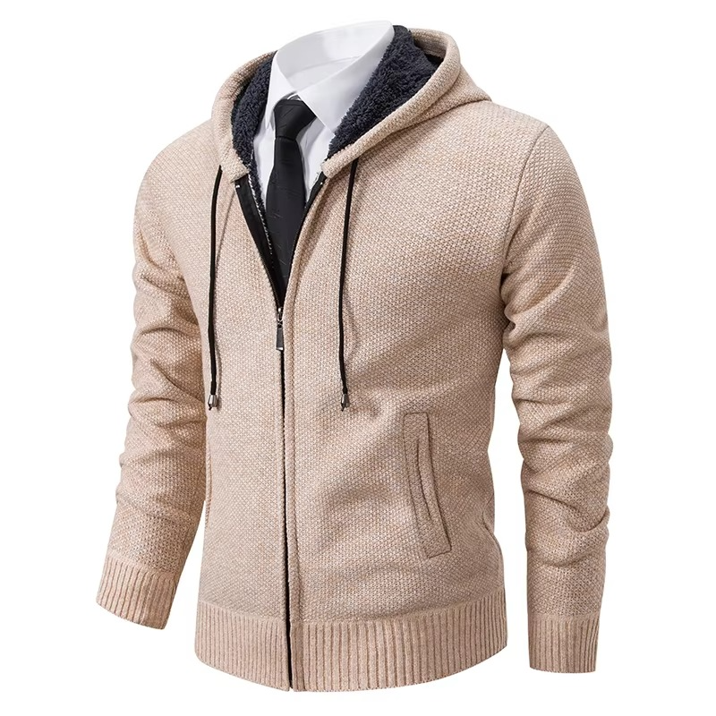 Fleece-lined zip cardigan for men with stand collar - beige