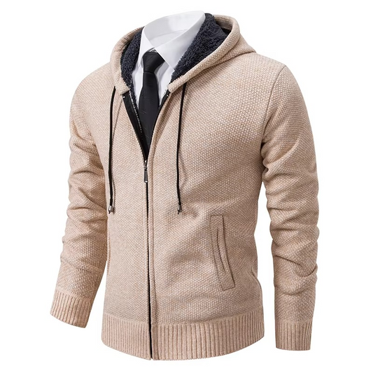 Fleece-lined zip cardigan for men with stand collar - beige