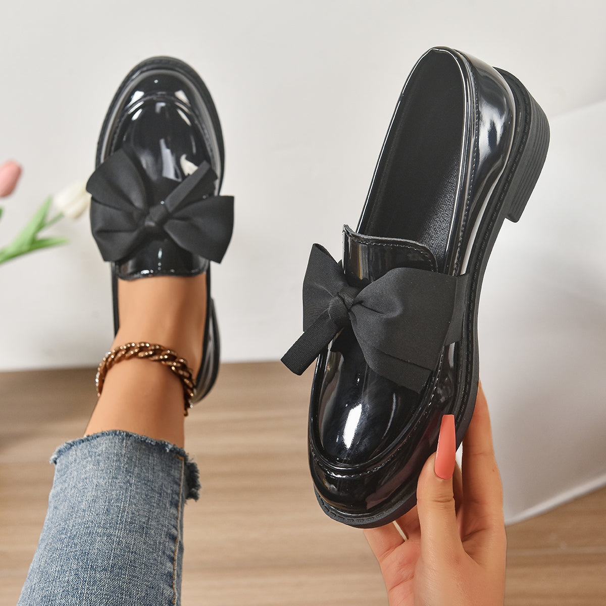 Women's pink bow loafers with platform sole