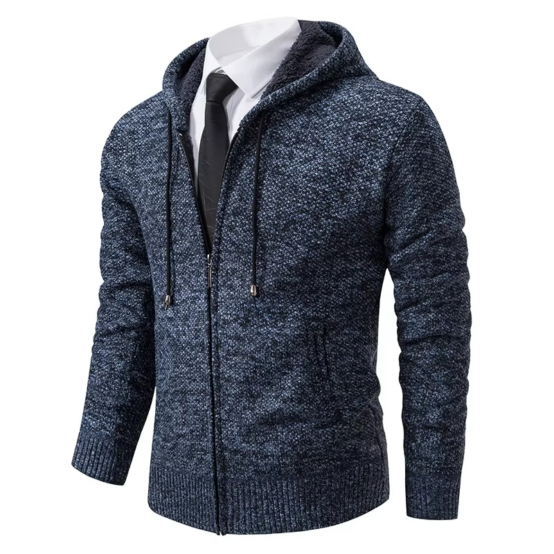 Fleece-lined zip cardigan for men with stand collar