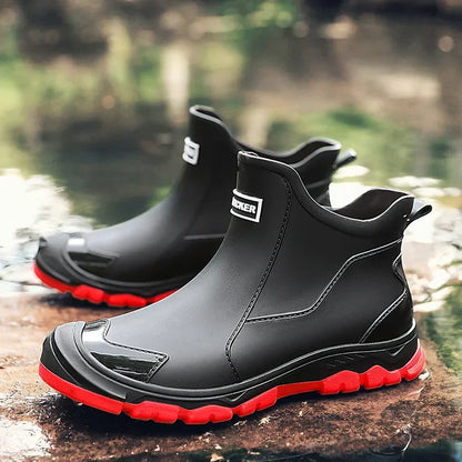 Women's pull-tab orthopedic Chelsea rain boots - black and red
