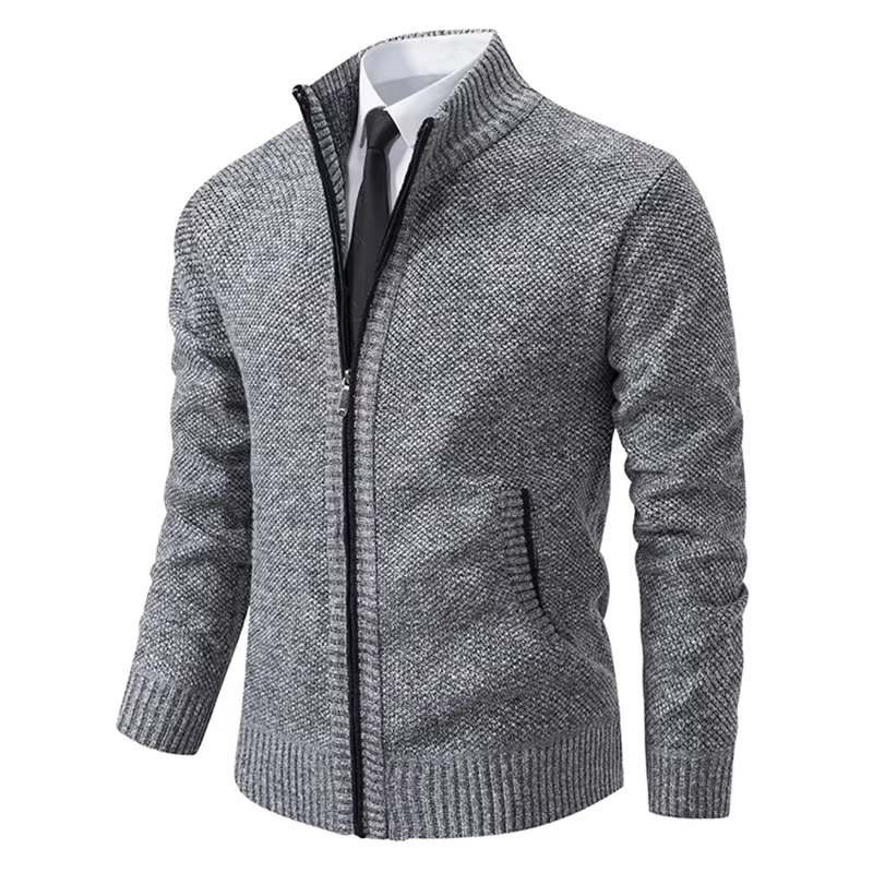 Fleece-lined zip cardigan for men with stand collar