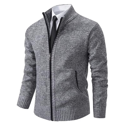 Fleece-lined zip cardigan for men with stand collar