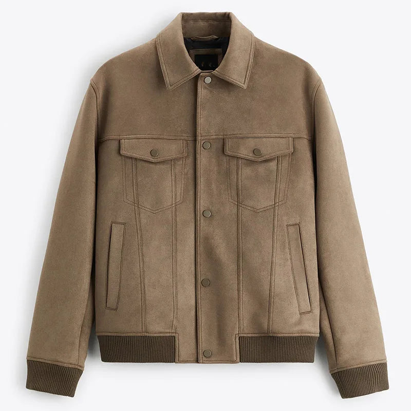 Men's suede trucker jacket with snap front