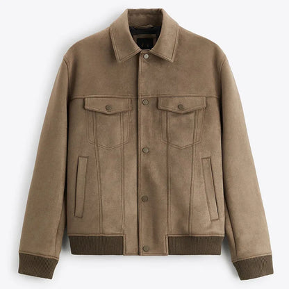 Men's suede trucker jacket with snap front