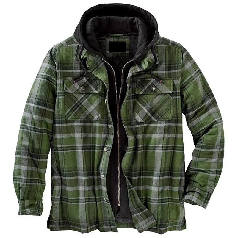 Checked cotton hooded jacket for men - c-green