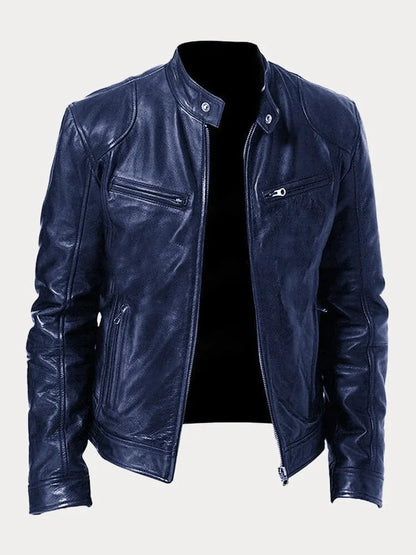 Leather jacket for men with classic styling - dark blue