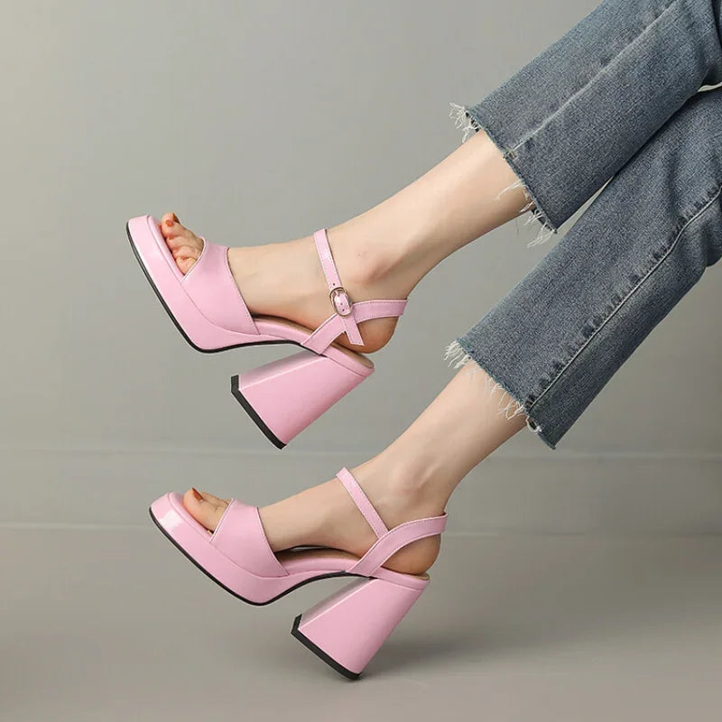 Women's ankle strap block heel orthopedic heels - pink