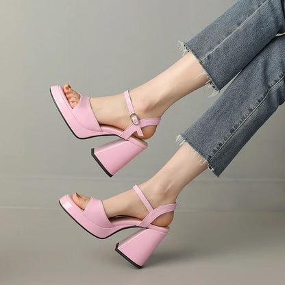 Women's ankle strap block heel orthopedic heels - pink