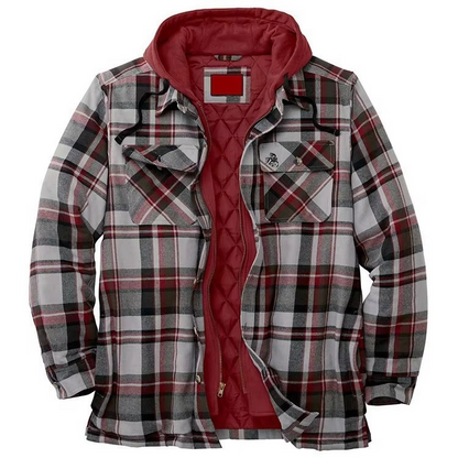 Checked cotton hooded jacket for men - d-red