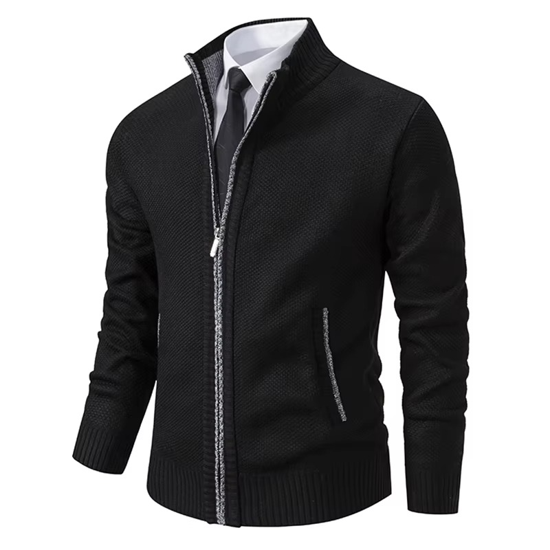 Fleece-lined zip cardigan for men with stand collar - black