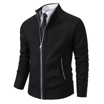 Fleece-lined zip cardigan for men with stand collar - black