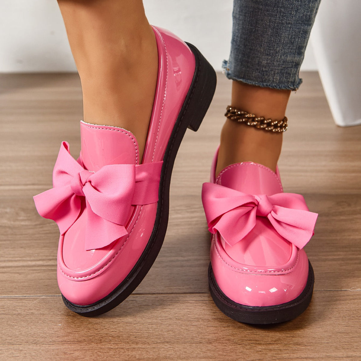 Women's pink bow loafers with platform sole