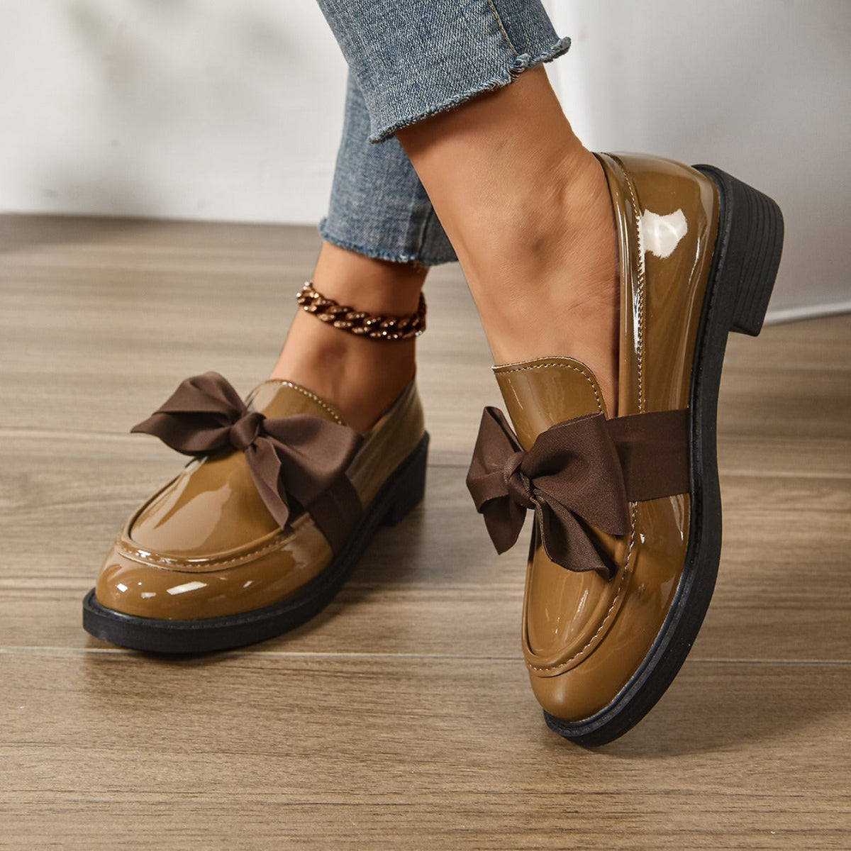 Women's pink bow loafers with platform sole