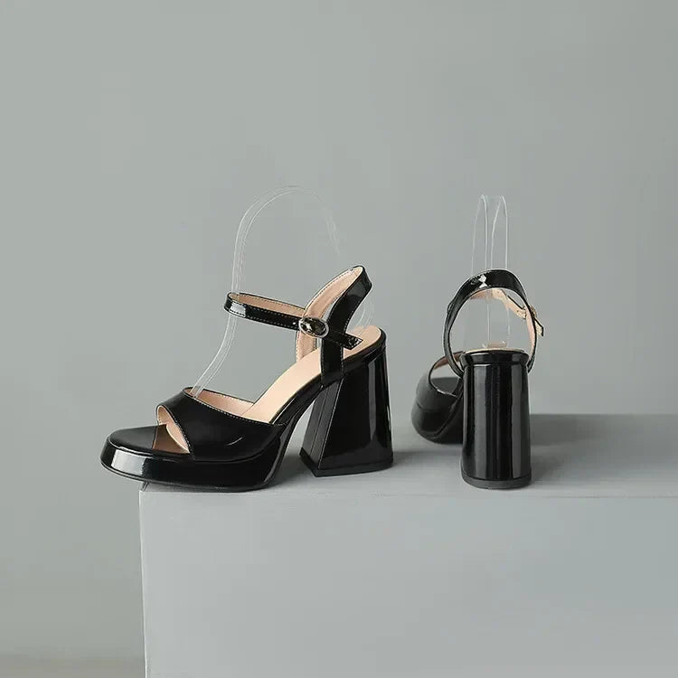 Women's ankle strap block heel orthopedic heels - black