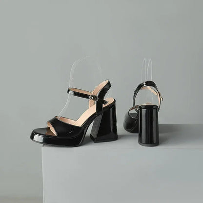 Women's ankle strap block heel orthopedic heels - black