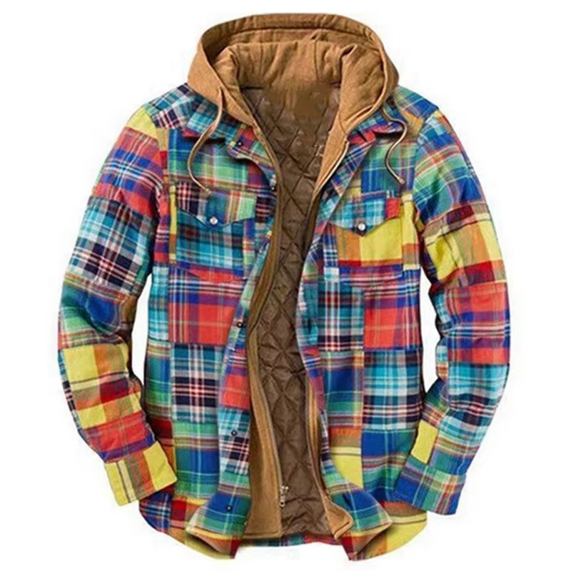 Checked cotton hooded jacket for men - s-yellow