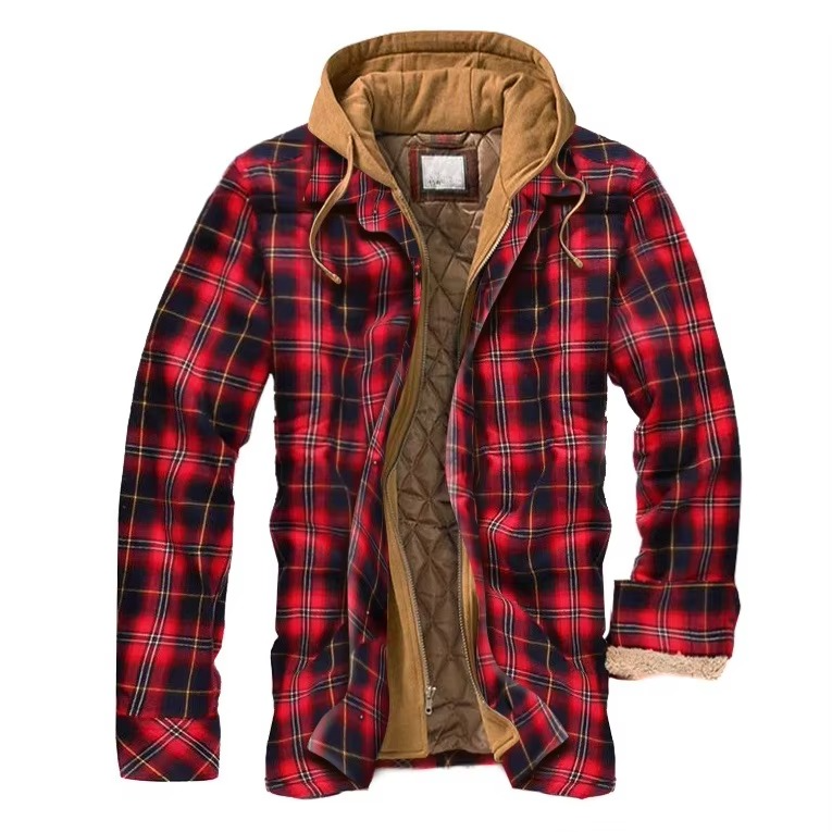 Checked cotton hooded jacket for men - c-red