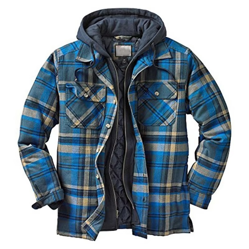 Checked cotton hooded jacket for men - blue