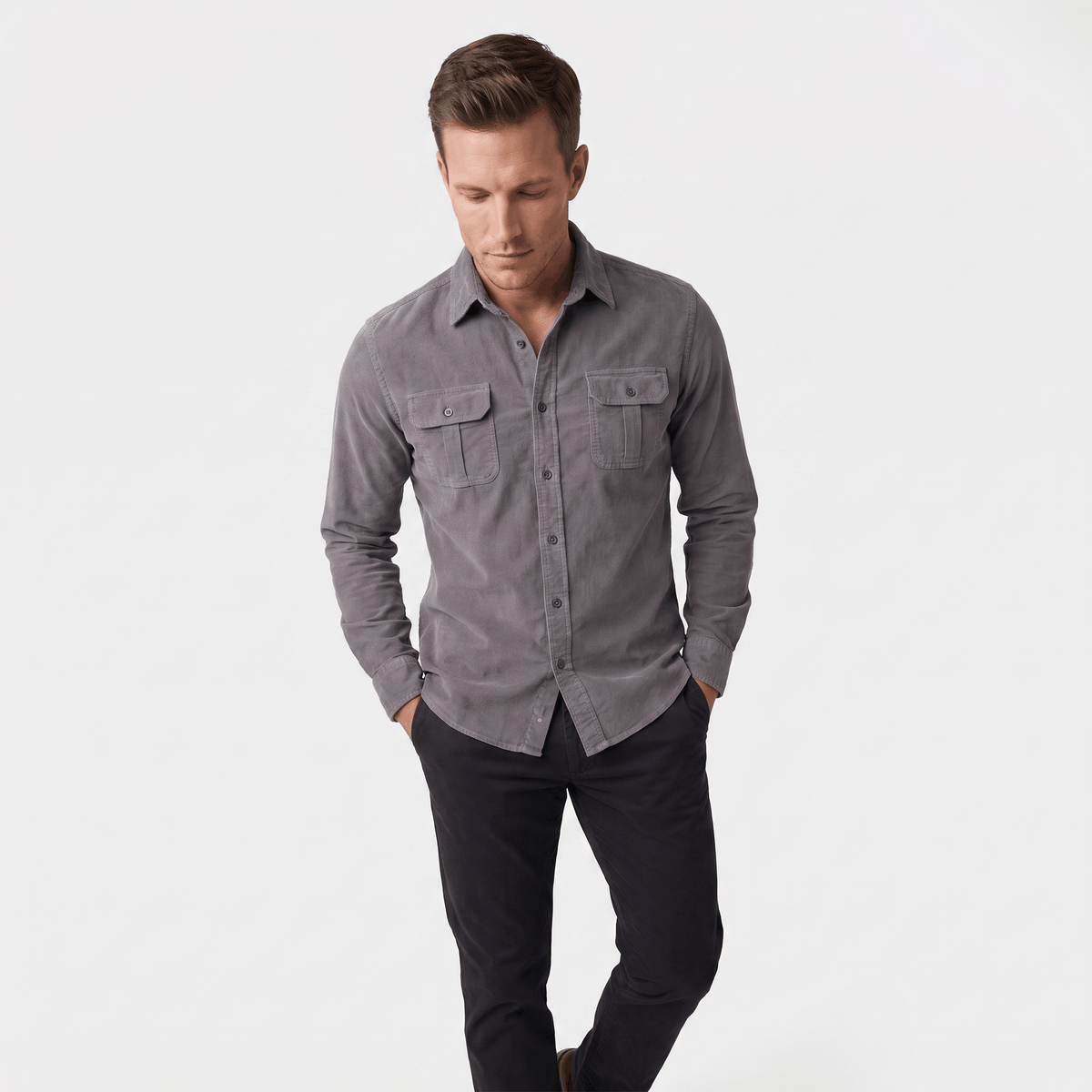 Corduroy Shirt with Spread Collar for Men - gray