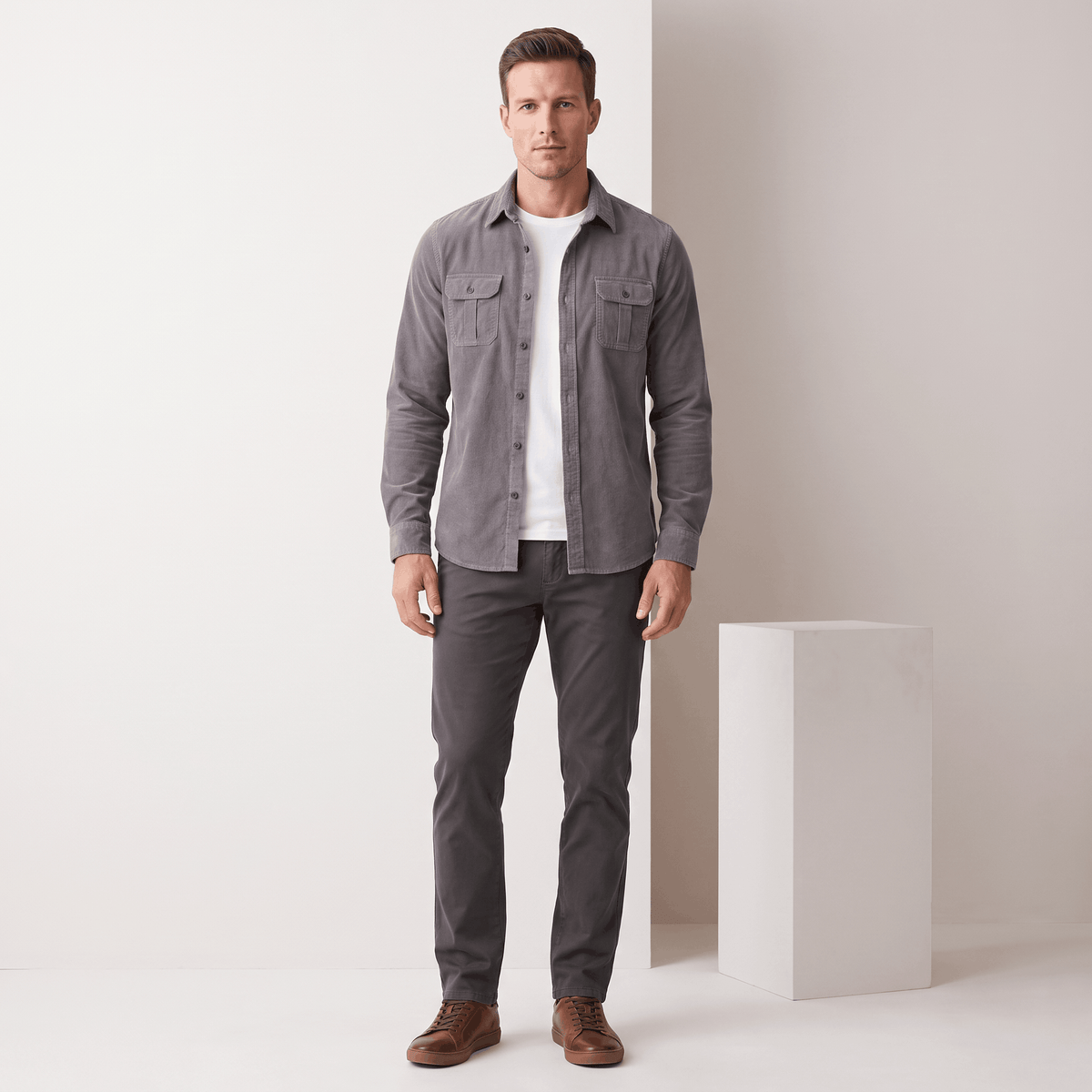 Corduroy Shirt with Spread Collar for Men