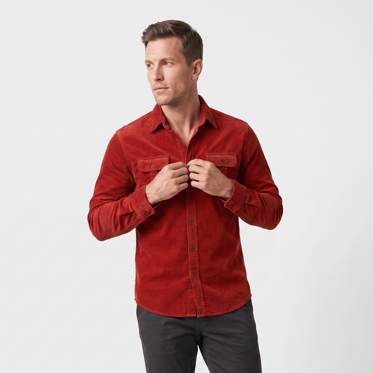 Corduroy Shirt with Spread Collar for Men - red