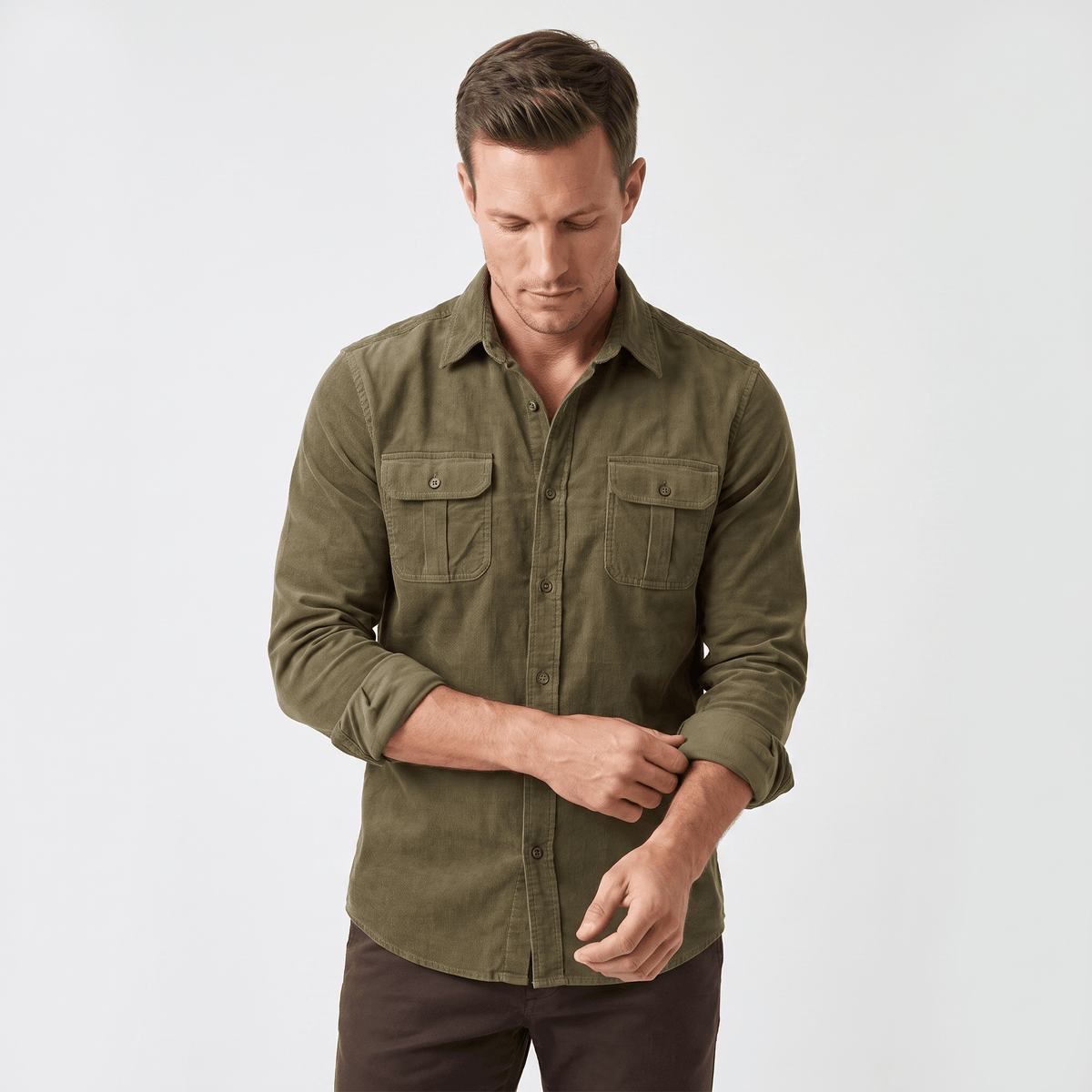 Corduroy Shirt with Spread Collar for Men - green