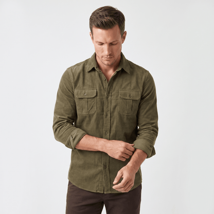 Corduroy Shirt with Spread Collar for Men - green