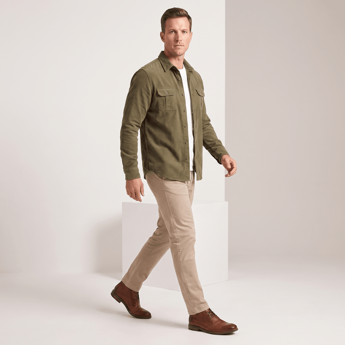 Corduroy Shirt with Spread Collar for Men