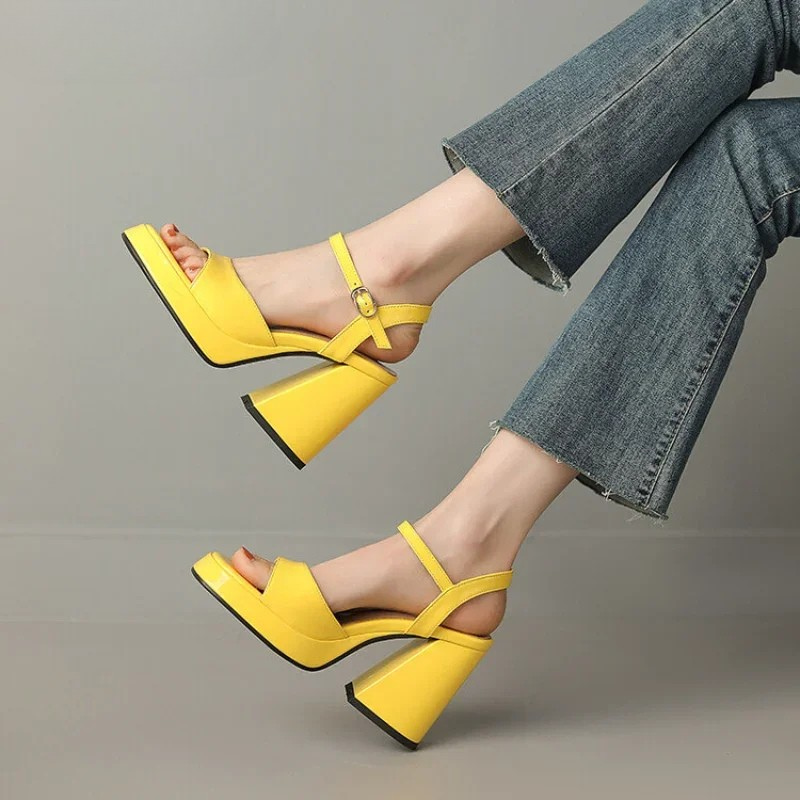 Women's ankle strap block heel orthopedic heels - yellow