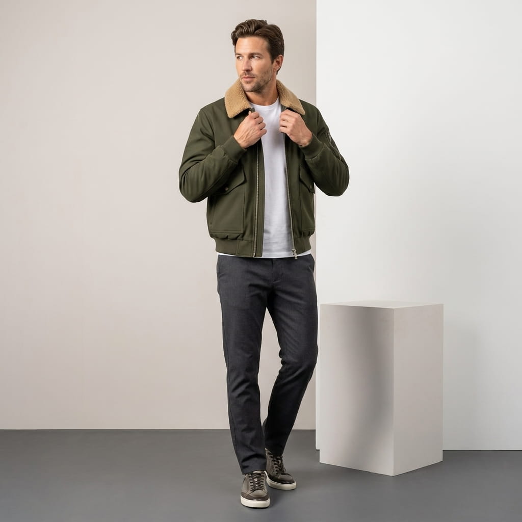 Men's aviator bomber jacket with knit collar