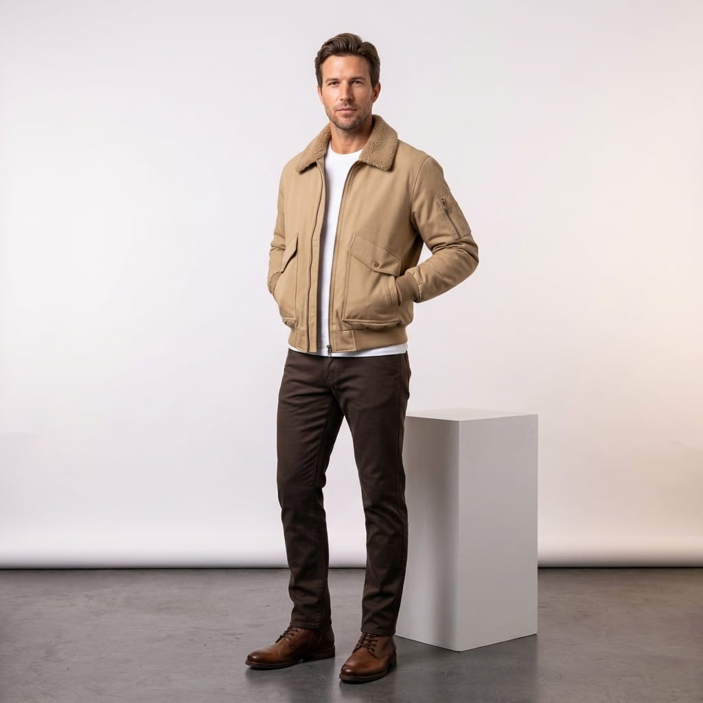 Men's aviator bomber jacket with knit collar