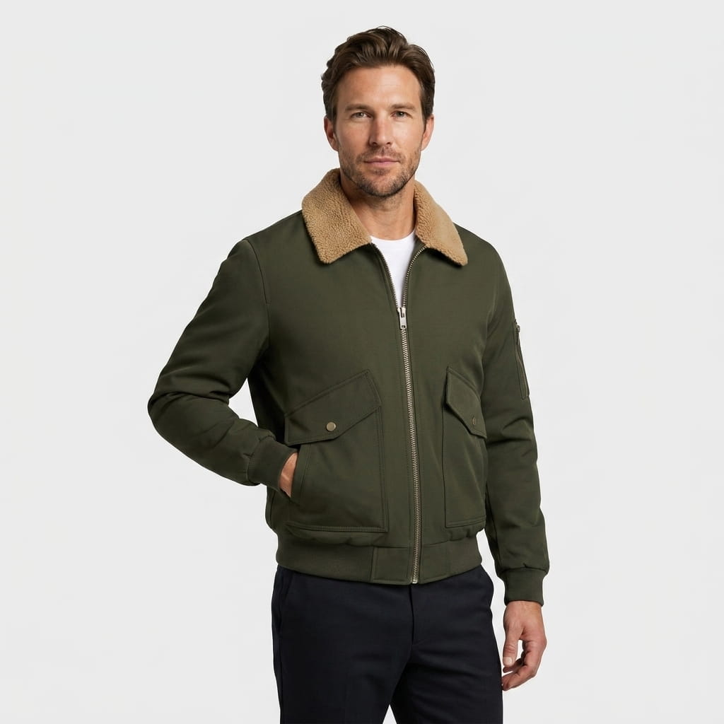 Men's aviator bomber jacket with knit collar - green