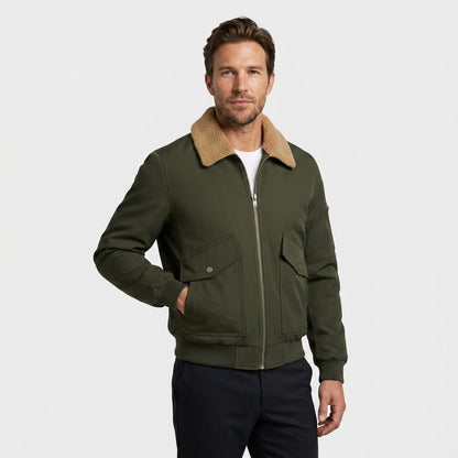Men's aviator bomber jacket with knit collar - green