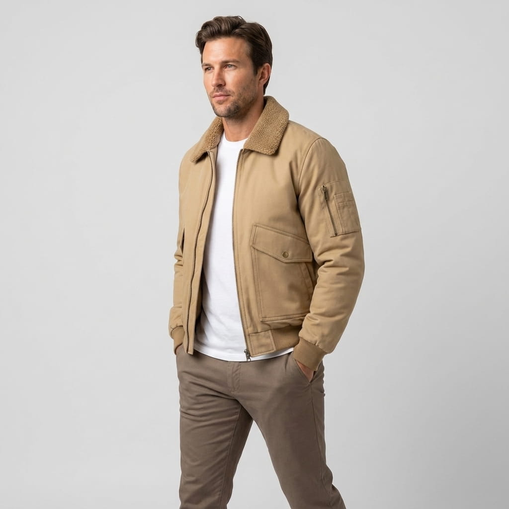 Men's aviator bomber jacket with knit collar - beige