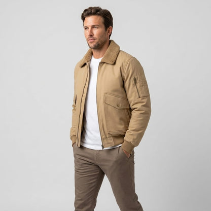 Men's aviator bomber jacket with knit collar - beige