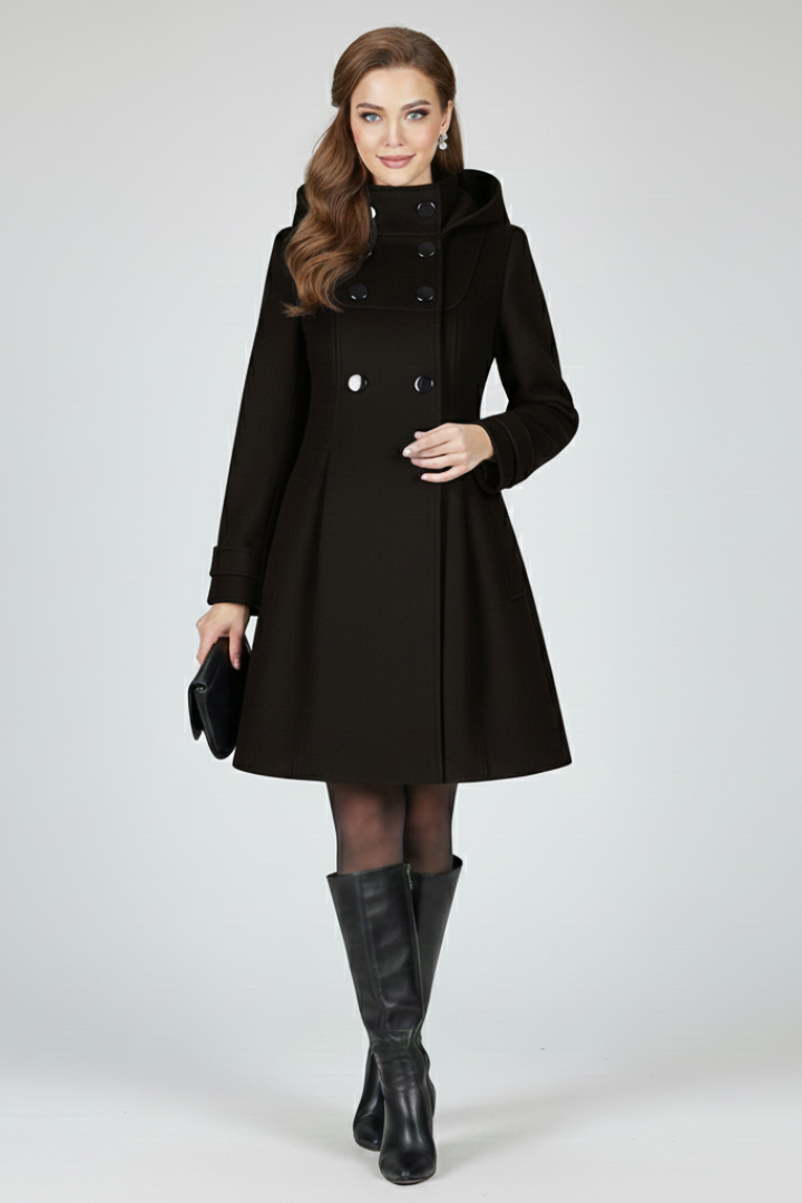 Perpetua - Hooded A-Line Knee-Length Coat